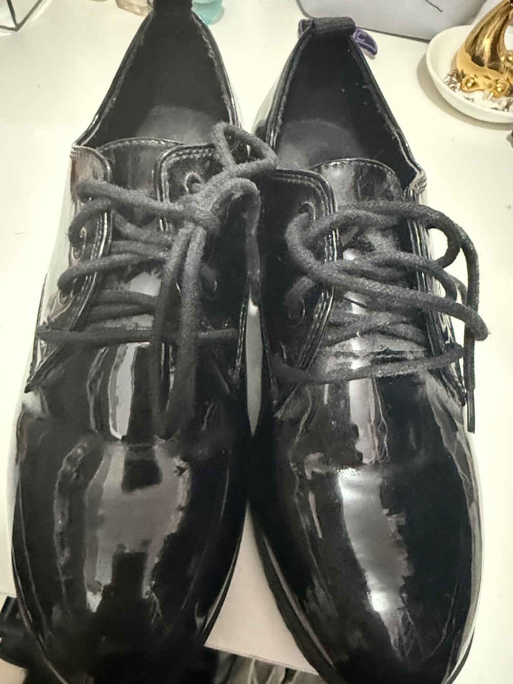 CHANEL Black Patent Leather Lace-Up Oxfords